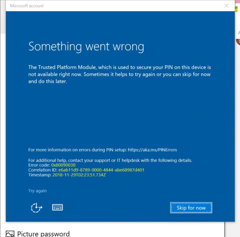 Ошибка ввода PIN-кода 0x80090030 в Windows 10